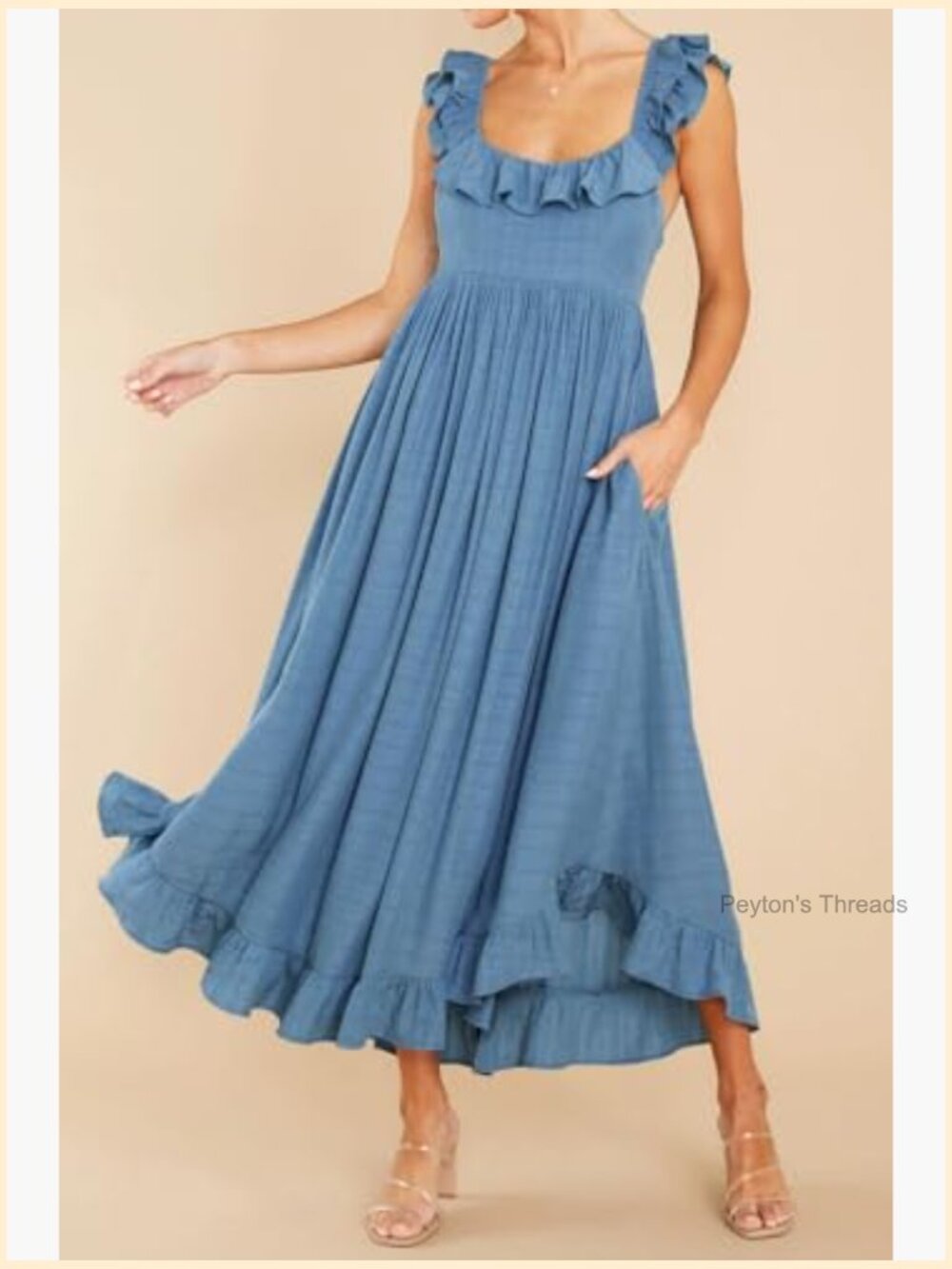 Sleeveless Midi Dress with Pockets Tie Back Ruffle A-Line Flowy Sundress - Picture 4 of 5